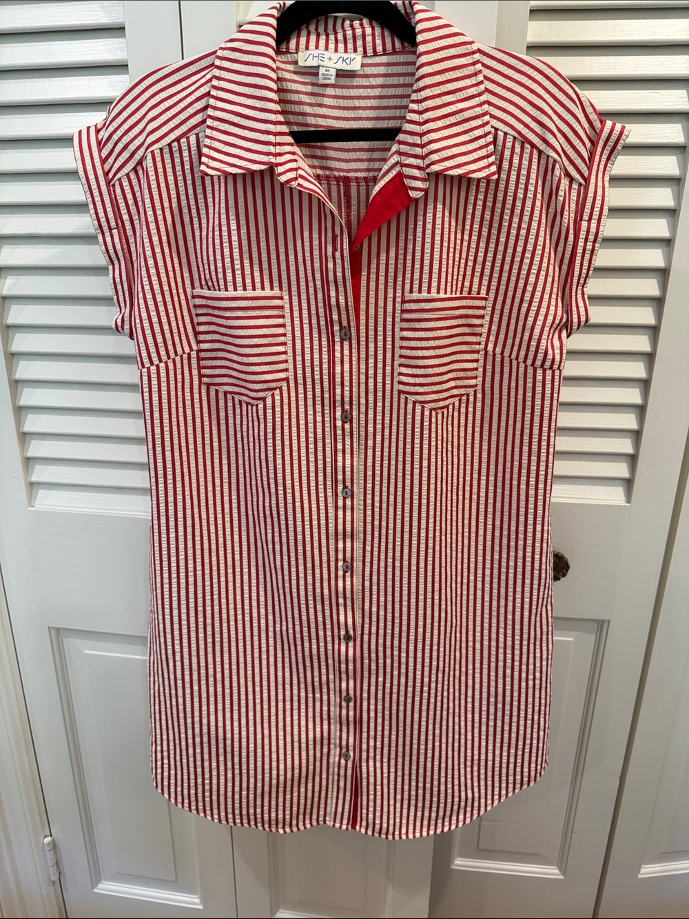 She & Sky Red and White Seersucker Shirt Dress